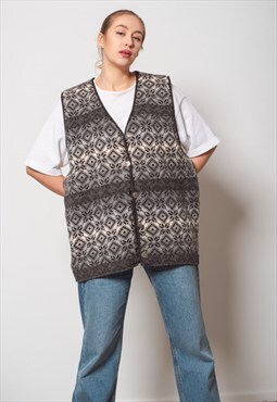 Vintage Boxy Fit Pure Wool Women Fair Isle Sweater Vest L