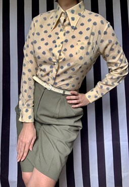 Vintage 70s light yellow shirt blouse with blue leaves print