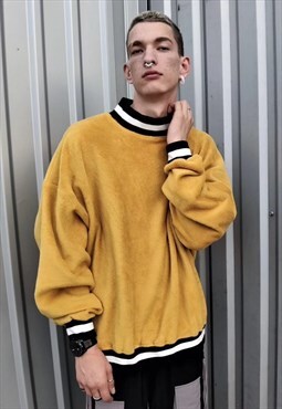 Drop shoulder fluffy fleece sweater fake fur mustard jumper