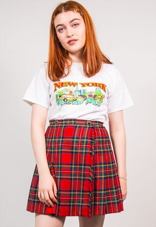 VINTAGE 90'S RED CHECK TARTAN PLEATED HIGH WAIST MINI SKIRT