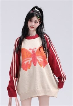 Butterfly sweater knitted raglan jumper striped top in cream