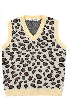 Leopard print sleeveless sweater cheetah cardigan in cream