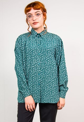 VINTAGE 90'S GREEN FLORAL PATTERN LONG SLEEVE SHIRT