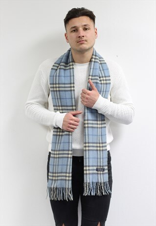 VINTAGE LAMBSWOOL CHECKED SCARF BLUE-AS206