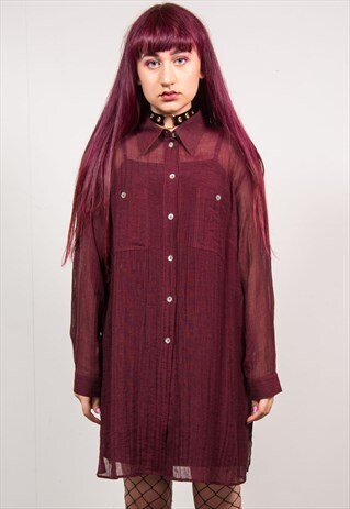 VINTAGE 90'S BURGUNDY SHEER OVERSIZED LONG SHIRT