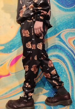 Decapitated teddy beam joggers handmade bear overalls black