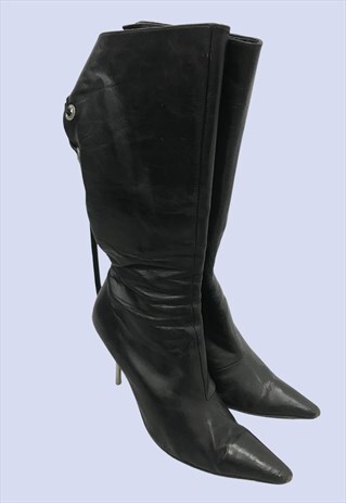 BLACK LEATHER KNEE HIGH POINTED METAL STILETTO HEELED BOOTS