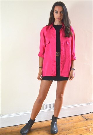 1990S VINTAGE HOT PINK SILKY FEEL BUTTON UP SHIRT