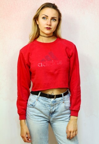 1980S VINTAGE RED REWORKED RAW HEM RED CROP JUMPER