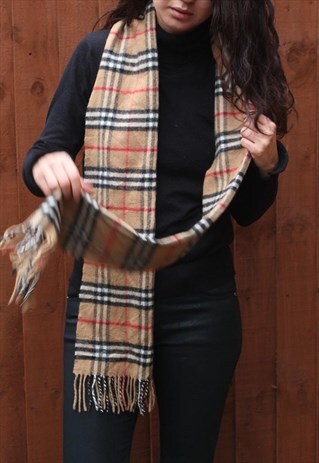 VINTAGE BURBERRY LAMBSWOOL CHECKED SCARF BROWN