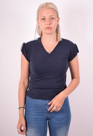 REEBOK WOMENS VINTAGE T-SHIRT TOP SMALL NAVY BLUE 90S