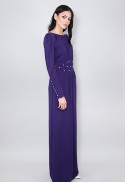 70's Purple Vintage Low Back Beaded Slinky Maxi Dress