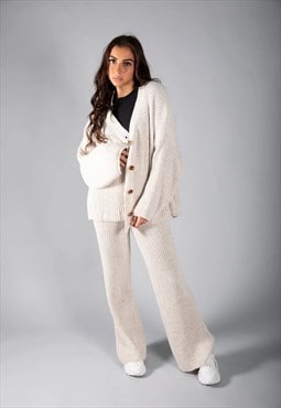 Beige Knitted Cardigan & Wide Leg Trousers Co-Ord 