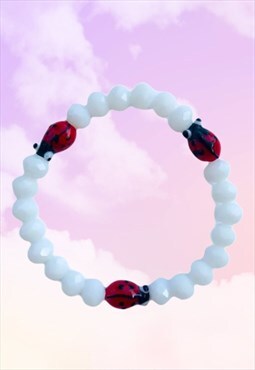 Red Ladybirds - Rondelle White Onyx Beaded Crystal Bracelet