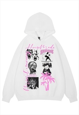 Punk print hoodie psychedelic pullover raver top in white