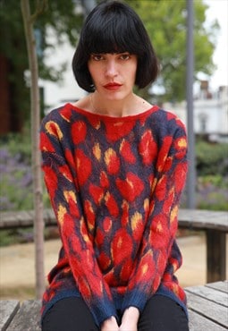 Knitted Jumper in Red and Blue Leopard Print