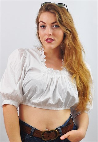VINTAGE WHITE EMBROIDERED MILK MAID BOHO CROP TOP