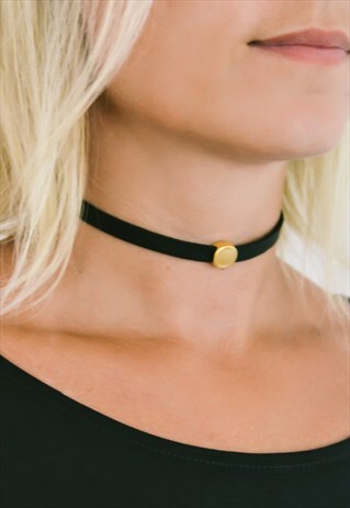 BLACK CHOKER NECKLACE GOLD ROUND PENDANT GIFT FOR HER