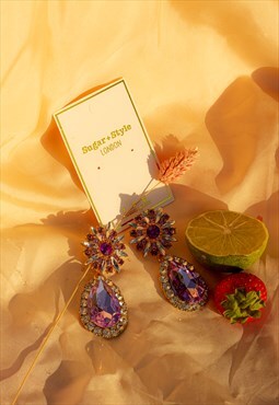 Oversized Flower Jewel Dangle Earrings in Purple
