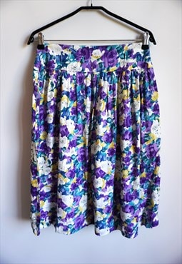 Vintage Floral Skirts Midi Purple High waist Flowers