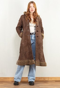 Vintage 70's Women Hooded Penny Lane Coat in Brown