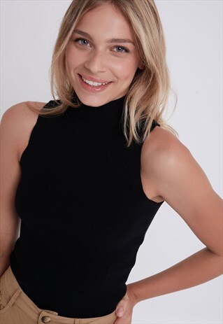 SLEEVELESS MOCK NECK TOP - BLACK
