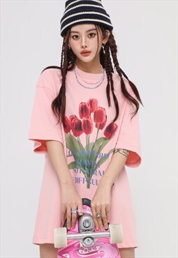 Tulips t-shirt floral print tee grunge flower top in pink