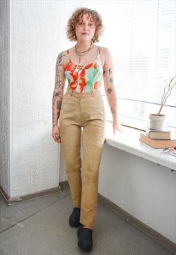 Vintage 80's Beige Stretchy Real Suede Front Trousers