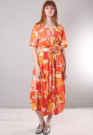 VINTAGE 80S ORANGE PATTERNED BELTED MIDI DRESS