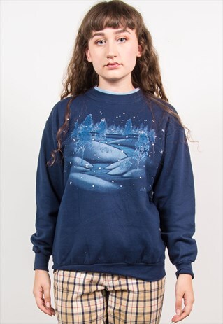 VINTAGE 90'S NAVY BLUE SNOWY HILLS PRINT SWEATSHIRT