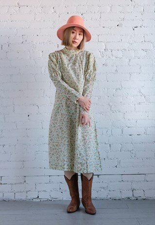 REVIVAL VINTAGE 70S COTTON FLORAL PRAIRIE DRESS IN IVORY