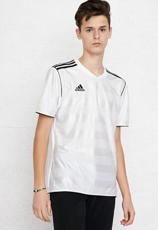 90S VINTAGE WHITE ADIDAS LOGO V-NECK T-SHIRT