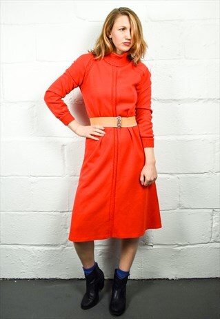 VINTAGE 70S RED TURTLE NECK MIDI DRESS