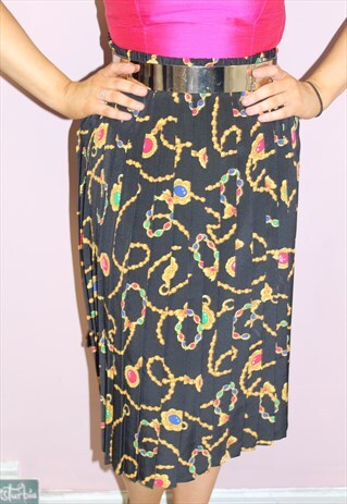 80S VINTAGE BLACK CHAIN JEWEL PRINT MIDI PLEATED SKIRT