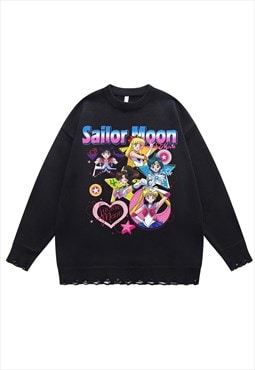 Sailor Moon sweater anime jumper ripped knitted top in black