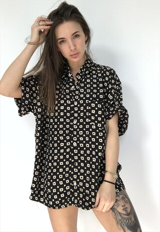 PATTERNED OVERSIZED VINTAGE UNISEX FESTIVAL BLACK SHIRT