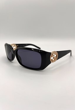 Gucci Sunglasses GG Black Rectangle Gold Logo Chunky Vintage