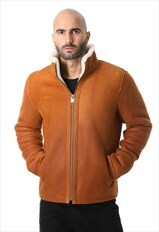 Mens Shearling Casual Jacket - Washed Whiskey - White Wool