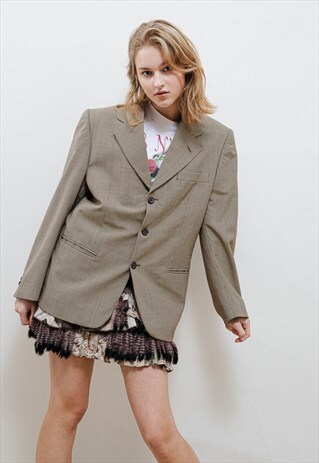 VINTAGE 80S MINI CHECK BROWN PROLONGED BOYFRIEND BLAZER M