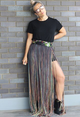 VINTAGE 1970S HANDMADE RAINBOW FRINGED MAXISKIRT
