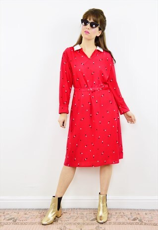 VINTAGE 80S RED ABSTRACT PRINT BELTED SHIFT DRESS