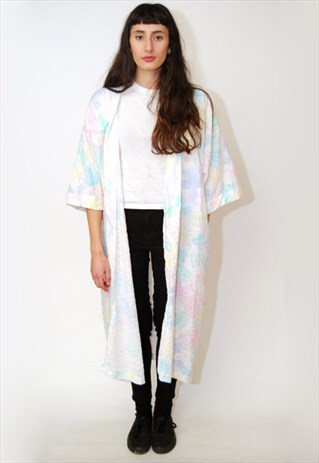 VINTAGE PASTEL ROBE (L) FLORAL 80S HOUSE JACKET COAT LOUNGE