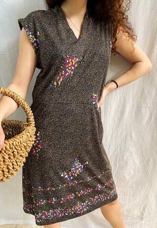 VINTAGE 70S MOD ABSTRACT FLORAL PRINT MIDI DAY BOHO DRESS