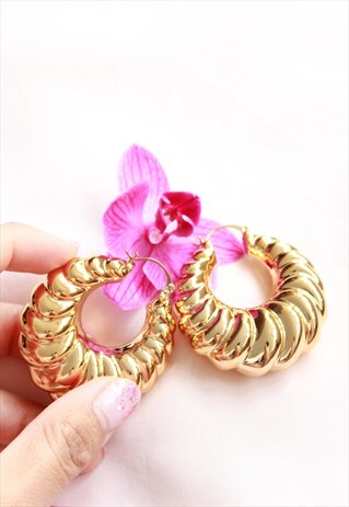 Y2K GOLD CHUNKY TWIST CRAVED SPIRALLED HOOPS EARRINGS