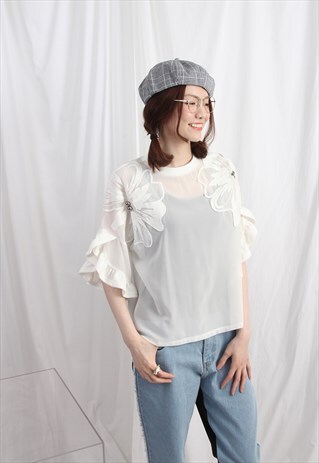(KOREAN) FLORAL EMBROIDERY BEADED TOP WITH FRILL SLEEVES