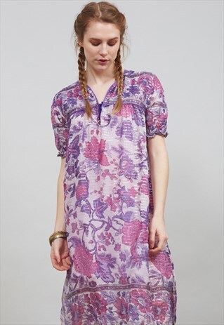 PURPLE AND PINK VINTAGE 70'S FLORAL INDIAN BOHO DRESS