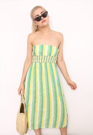 VINTAGE 70S GREEN STRIPED STRAPLESS DRESS
