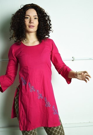 VINTAGE 90S RETRO BOHO HIPPIE FLORAL SARI TUNIC TOP PINK
