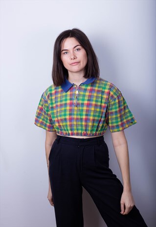 VINTAGE MULTICOLOURED TARTAN CROP POLO
