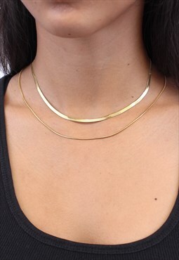 Layered 18k Gold Flat Snake Chain And Slim Rope Necklace 